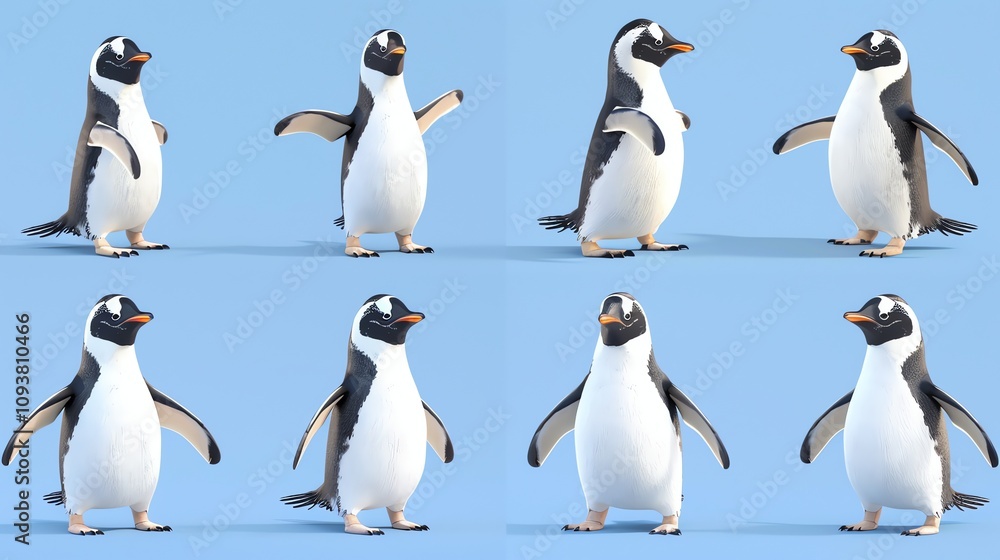 Fototapeta premium A set of six cartoon penguins in different poses.