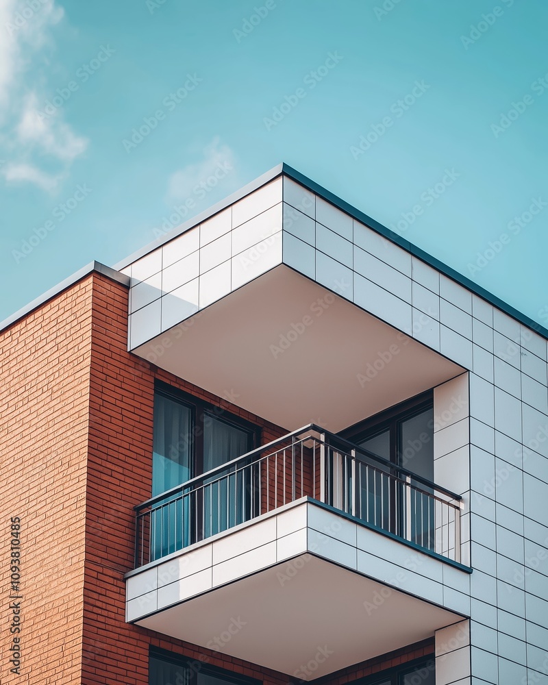 Modern architectural design of urban apartment building with brick and white panel exterior featuring balconies against a clear sky Modern architectural design of urban apartment building with brick and white panel exterior featuring balconies against a clear sky