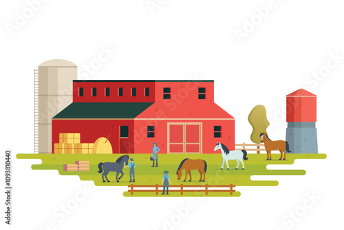 Farm scenery vector illustration on white background. Livestock animal farm landscape with farming elements.	