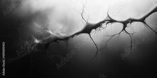 Abstract depiction of intricate neural network resembling delicate spider web with glowing highlights in a dark atmospheric background