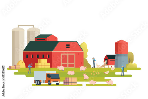Farm scenery vector illustration on white background. Livestock animal farm landscape with farming elements.	