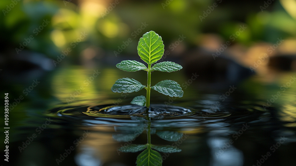 small green plant emerges from the calm water’s surface, symbolizing growth, renewal, and the resilience of nature in a tranquil aquatic setting small green plant emerges from the calm water’s surface, symbolizing growth, renewal, and the resilience of nature in a tranquil aquatic setting