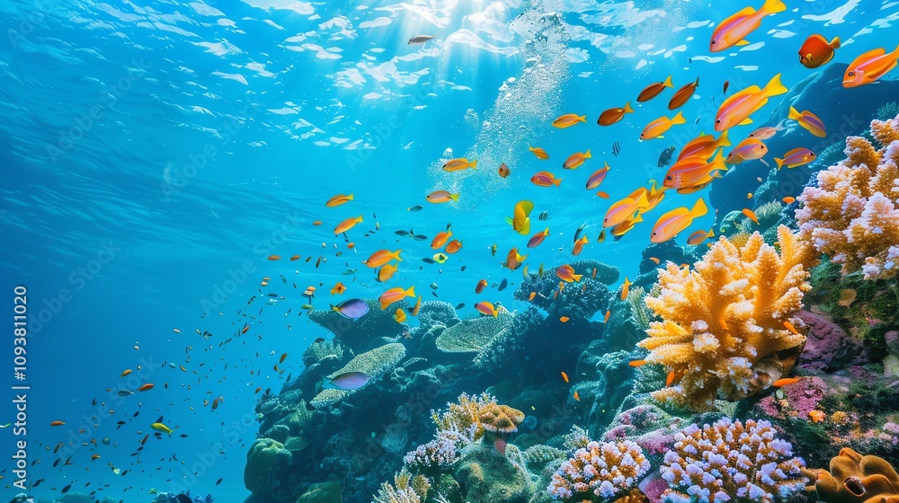 Naklejka premium A vibrant underwater scene with colorful fish swimming over a coral reef.