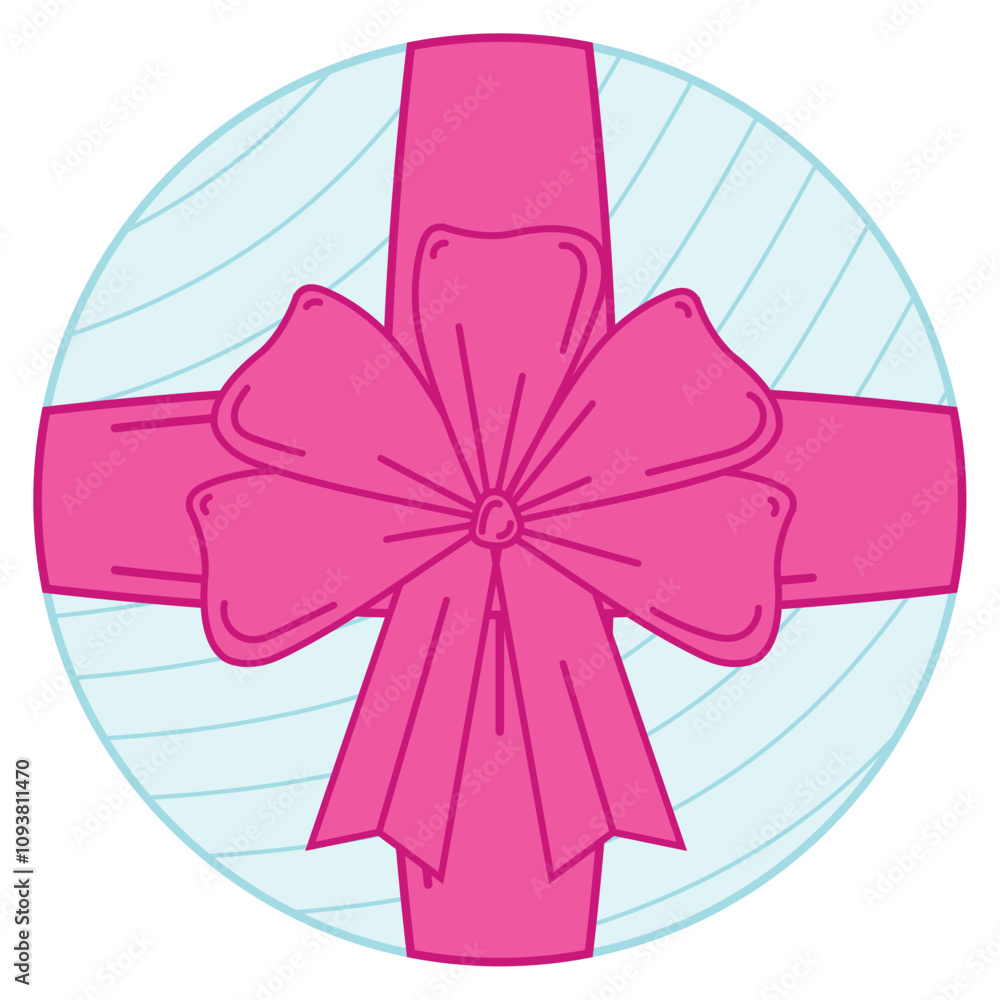 Round light blue gift box with pink bow and stripes, Vector Round light blue gift box with pink bow and stripes, Vector