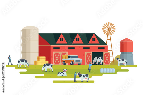 Farm scenery vector illustration on white background. Livestock animal farm landscape with farming elements.	