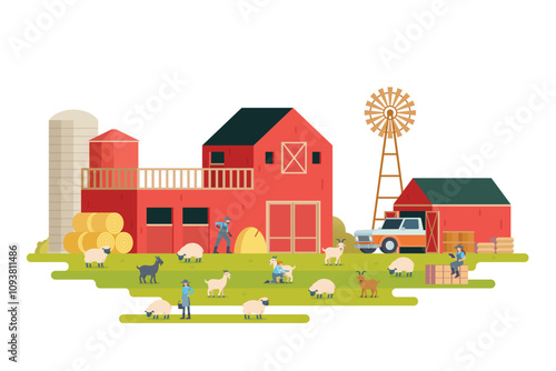 Farm scenery vector illustration on white background. Livestock animal farm landscape with farming elements.	