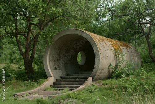 Concrete pipe structure with steps invites exploration in a tranquil forest setting