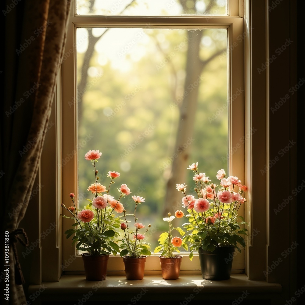 Fototapeta premium Potted flowers on a sunny windowsill with a garden view, cozy indoor gardening concept