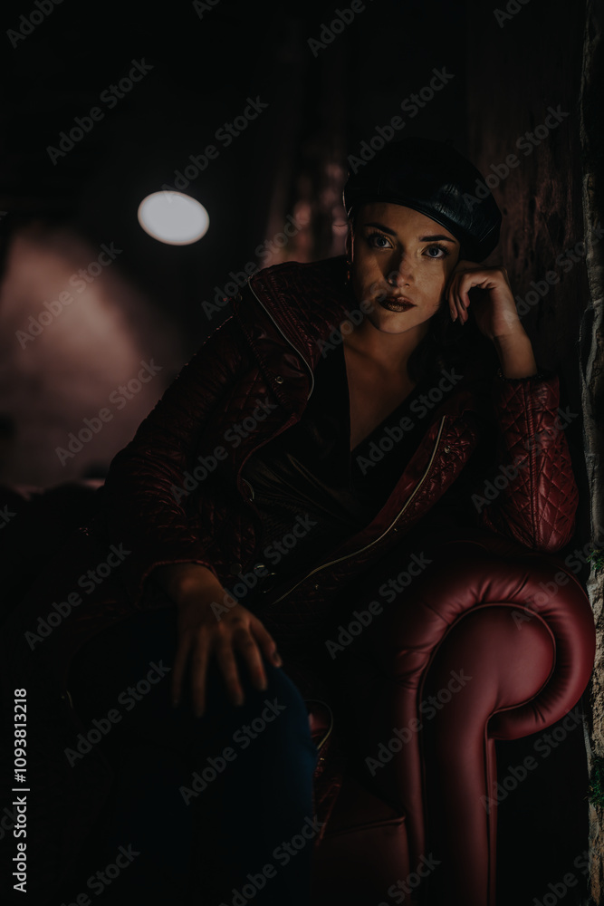 A thoughtful woman in a leather jacket and beret sits in a dimly lit room, evoking a mysterious atmosphere. Her contemplative expression suggests introspection and elegance.
