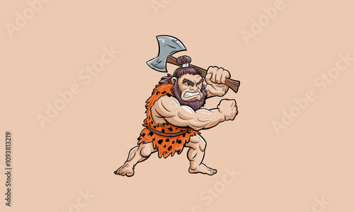 Angry caveman with axe in aggressive stance