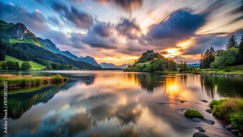 Captivating Long Exposure Capture of a Serene Landscape Illuminated by the Earthy Glow of the Chien de Nol at Dusk, Creating an Ethereal Atmosphere and Tranquil Aesthetic