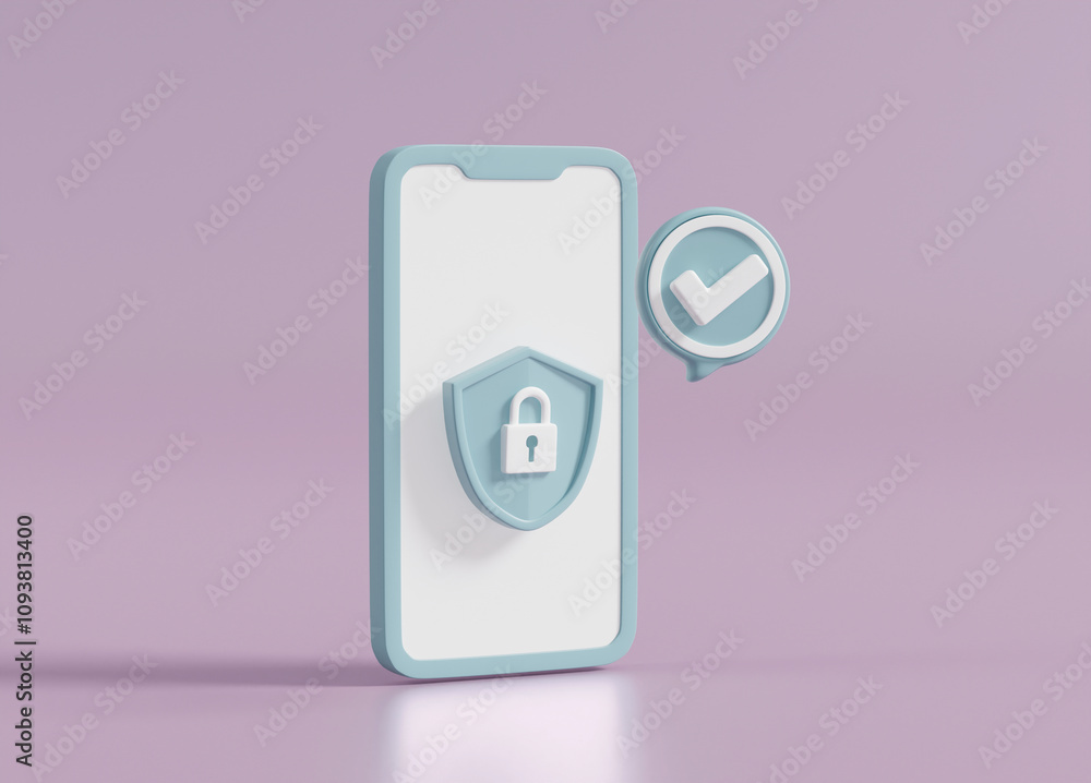 3D rendered illustration of a smartphone icon Check mark symbol in a circle frame shield and padlock It represents the concept of safety and assurance of reliability.