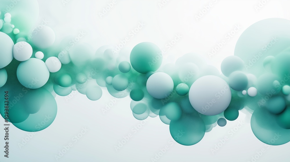 Abstract composition of green and white bubbles floating harmoniously against a soft white background, creating a tranquil and soothing atmosphere Abstract composition of green and white bubbles floating harmoniously against a soft white background, creating a tranquil and soothing atmosphere