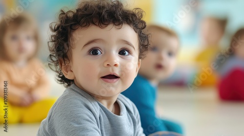 Group of Diverse Babies Sharing Joyful Moments in a Sunny Nursery Environment