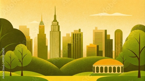 A stylized urban landscape with iconic Central Park and impressive skyscrapers in the skyline #1093813650