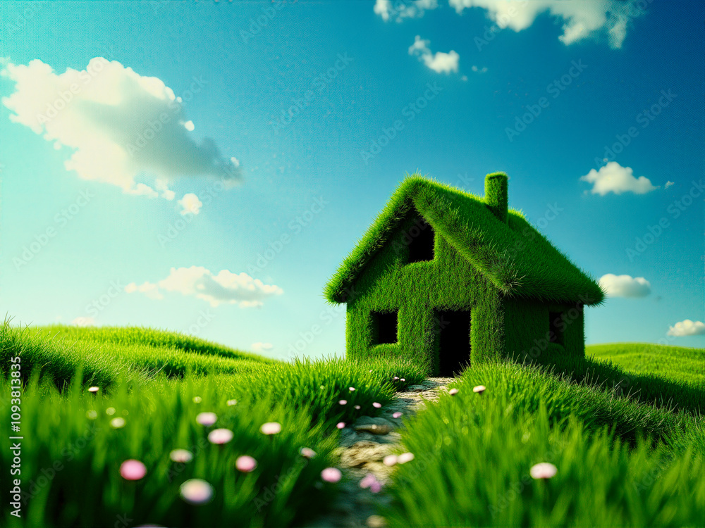 A cute green house covered with grass stands in a lush meadow, the scene conveys an eco-friendly lifestyle, harmony with nature, sustainability and respect for the environment. A cute green house covered with grass stands in a lush meadow, the scene conveys an eco-friendly lifestyle, harmony with nature, sustainability and respect for the environment.