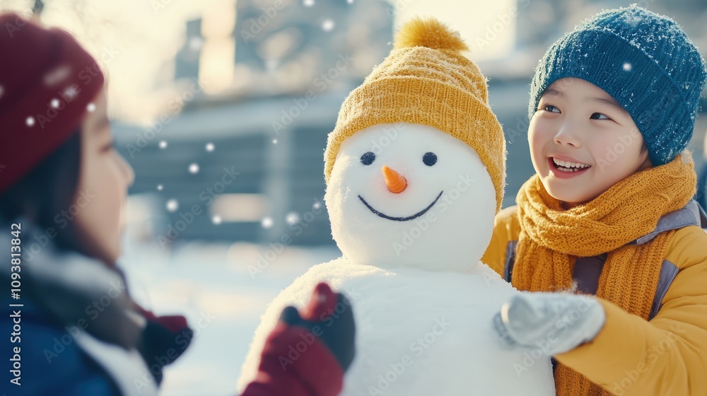 Children Joyfully Crafting a Smiling Snowman in a Snowy Park During Wintertime Play Children Joyfully Crafting a Smiling Snowman in a Snowy Park During Wintertime Play