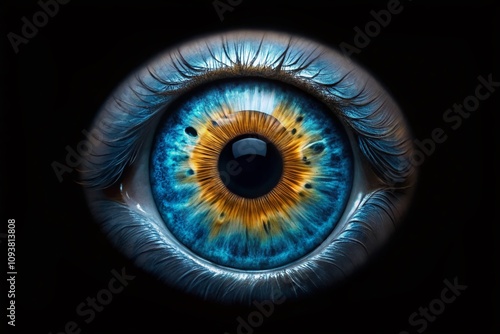 Captivating Long Exposure of a Realistic Human Eyeball Featuring a Stunning Blue Iris and Pupil, Isolated on a Dark Background for Artistic and Scientific Exploration