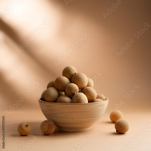 Fresh Longan fruit in a bowl on Pastel light brown background