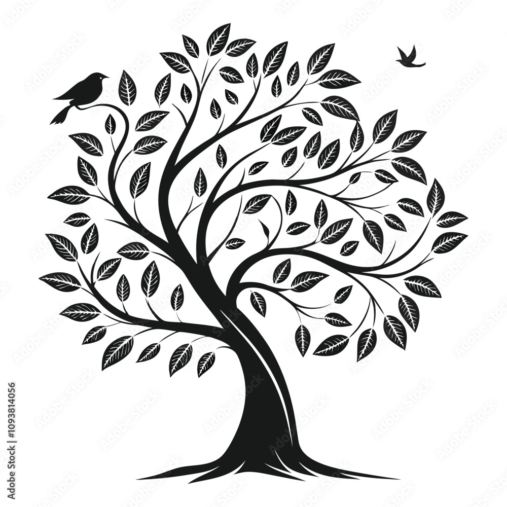 Obraz premium tylized Tree Silhouette - Black and White Minimalist Illustration with Organic Curves and Symmetrical Design