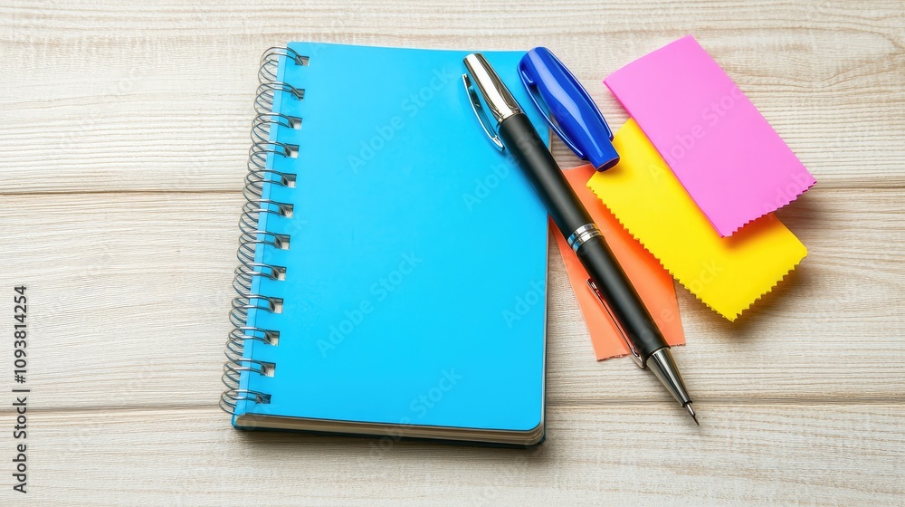 Colorful Stationery Setup with a Blue Notebook, Black Pen, and Bright Sticky Notes on a Light Wooden Table for Creative Inspiration and Office Organization Colorful Stationery Setup with a Blue Notebook, Black Pen, and Bright Sticky Notes on a Light Wooden Table for Creative Inspiration and Office Organization