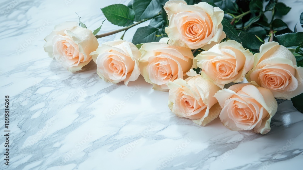 Elegant Arrangement of Soft Peach Roses on a Marble Surface, Perfect for Romantic Occasions, Weddings, or Beautiful Floral Displays in Various Settings Elegant Arrangement of Soft Peach Roses on a Marble Surface, Perfect for Romantic Occasions, Weddings, or Beautiful Floral Displays in Various Settings