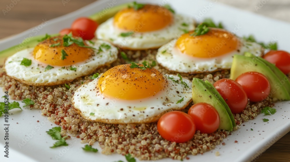 Delicious and Nutritious Breakfast Platter Featuring Fried Eggs, Quinoa, Cherry Tomatoes, Avocado, and Fresh Herbs on a White Plate Delicious and Nutritious Breakfast Platter Featuring Fried Eggs, Quinoa, Cherry Tomatoes, Avocado, and Fresh Herbs on a White Plate