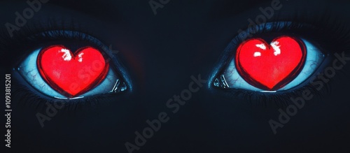 Heart eyes emoticon, wide smile, lovestruck, vibrant red hearts in eyes, on a black background  photo