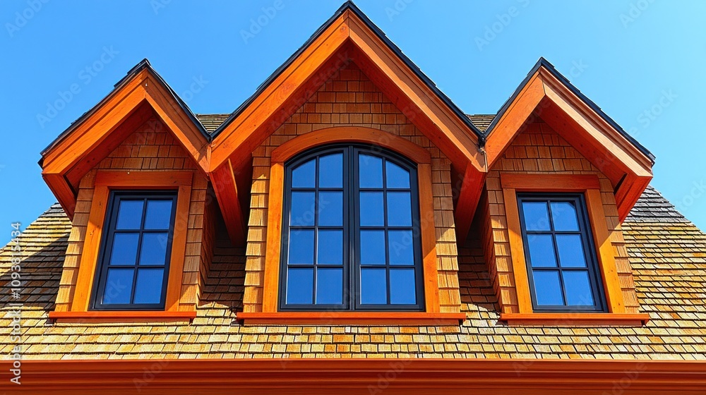 Three dormer windows on a wood-shake roof. Three dormer windows on a wood-shake roof.