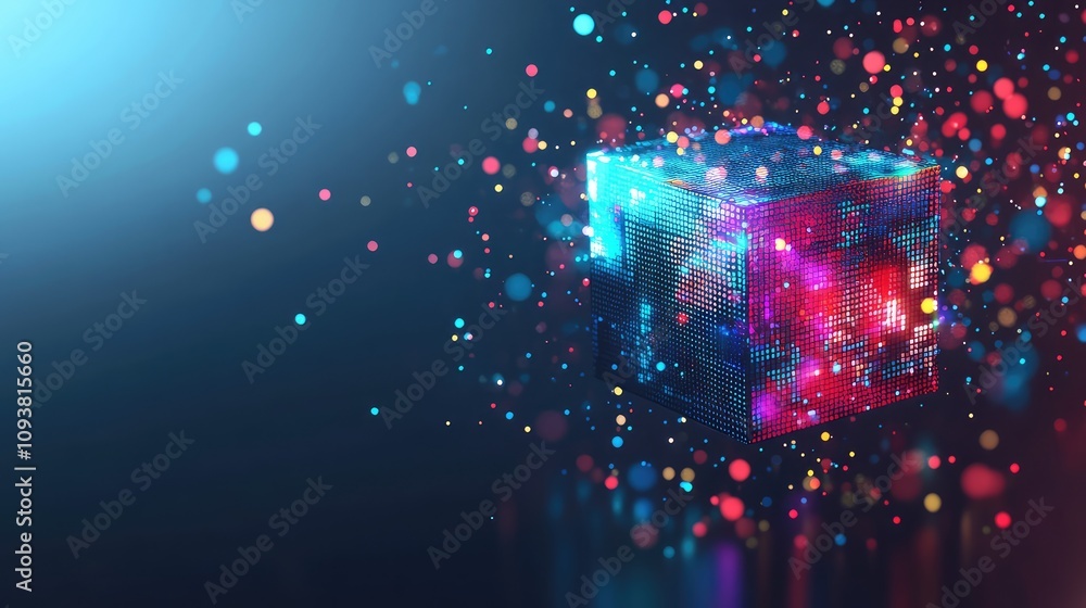 Abstract Digital Cube Surrounded by Colorful Particles and Lights Illustrating Technology and Innovation in a Modern, Futuristic Environment Abstract Digital Cube Surrounded by Colorful Particles and Lights Illustrating Technology and Innovation in a Modern, Futuristic Environment