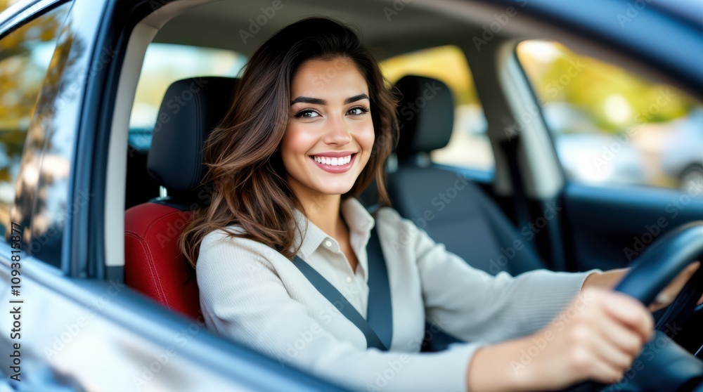Cute Young Brunette Woman Happily Driving Her Car on a Sunny Day in a Lively Neighborhood. Generative AI Cute Young Brunette Woman Happily Driving Her Car on a Sunny Day in a Lively Neighborhood. Generative AI