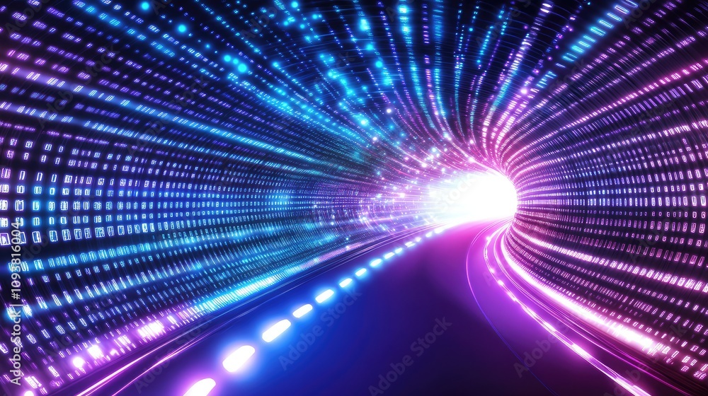 Dynamic Digital Tunnel Illustration with Vibrant Light Effects and Streaming Binary Data Representations for Futuristic Technology Concepts Dynamic Digital Tunnel Illustration with Vibrant Light Effects and Streaming Binary Data Representations for Futuristic Technology Concepts