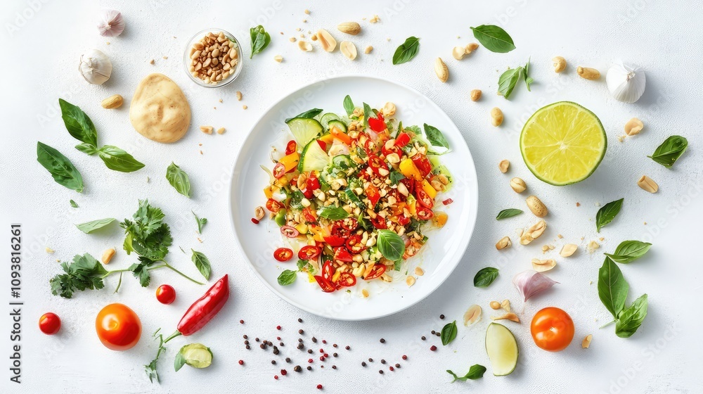Vibrant and Colorful Fresh Salad with Vegetables, Nuts, and Herbs Surrounded by Ingredients on White Background Vibrant and Colorful Fresh Salad with Vegetables, Nuts, and Herbs Surrounded by Ingredients on White Background