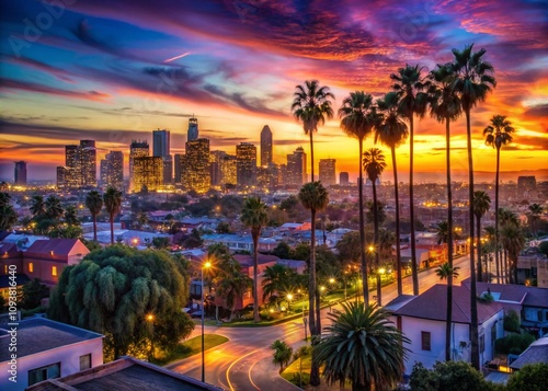 Captivating Low Light Photography of East Los Angeles at Twilight, Showcasing Vibrant City Lights, Dynamic Skies, and Urban Architecture in a Serene Atmosphere