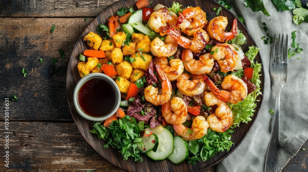 Vibrant Plate of Grilled Shrimp and Colorful Vegetables Served on a Rustic Wooden Table, Perfect for Culinary and Food Photography Needs Vibrant Plate of Grilled Shrimp and Colorful Vegetables Served on a Rustic Wooden Table, Perfect for Culinary and Food Photography Needs
