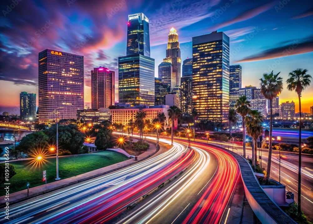 Fototapeta premium Captivating Low Light Photography of Los Angeles Downtown at Night Showcasing Vibrant City Lights and Iconic Skyscrapers Against a Dark Sky