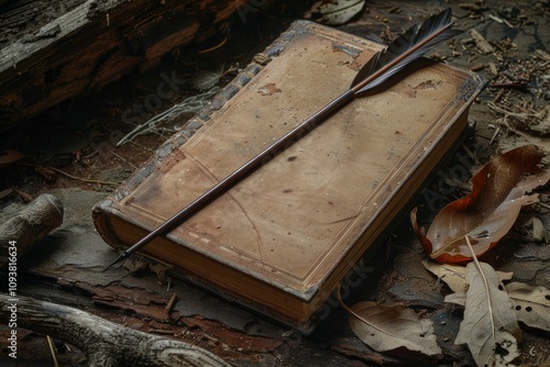 Quill pen resting on old book with worn cover and dry leaves, suggesting an abandoned house and lost stories photo