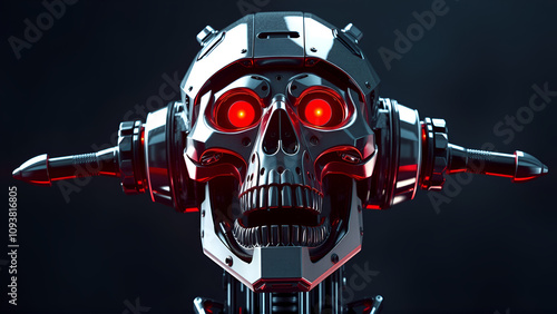 Portrait of evil robot, angry steel android, metal skull with red glowing eyes. photo