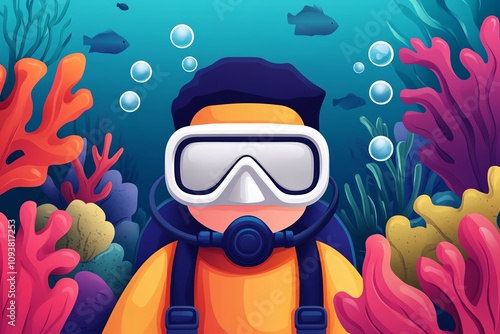 An illustrated scuba diver exploring vibrant coral reefs underwater. photo