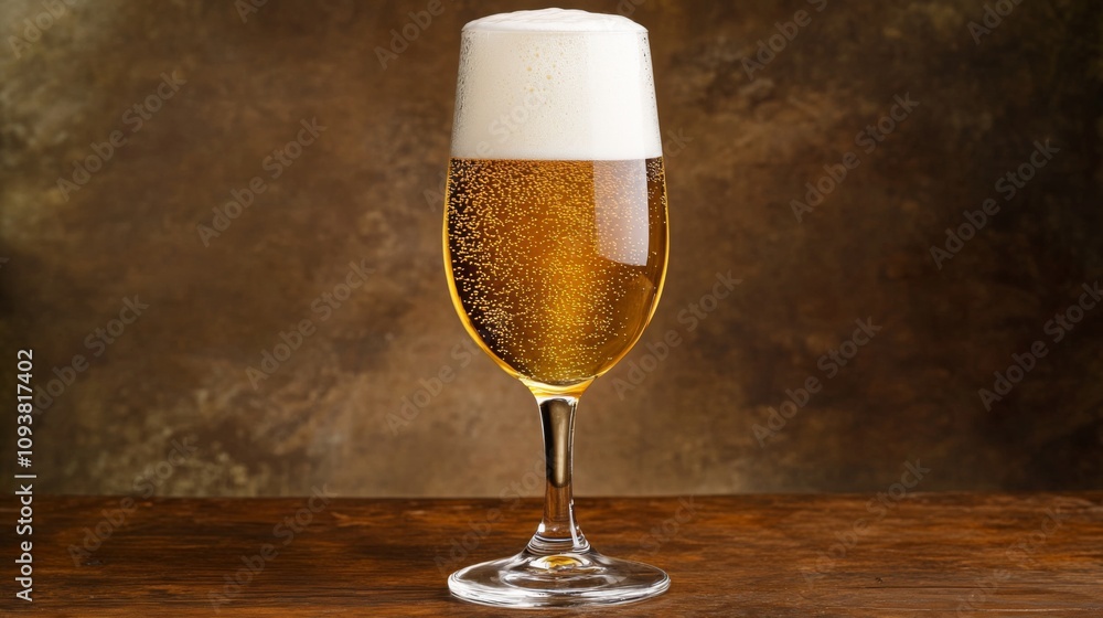 Crisp and Refreshing Golden Beer in a Clear Glass with Frothy Foam on Top Against a Warm, Rustic Background Evoking Relaxed Atmosphere and Enjoyment Crisp and Refreshing Golden Beer in a Clear Glass with Frothy Foam on Top Against a Warm, Rustic Background Evoking Relaxed Atmosphere and Enjoyment