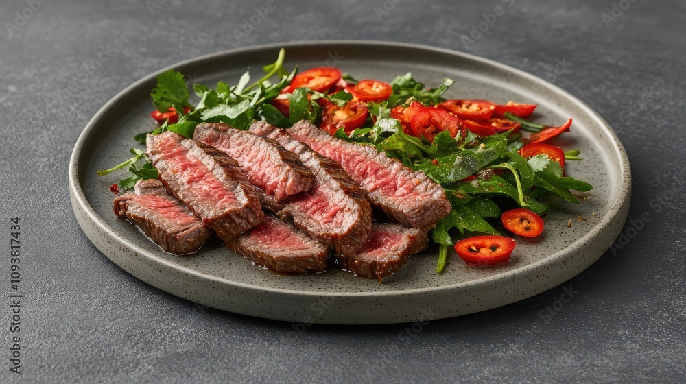 Sliced Tender Steak Served On Stylish Plate With Fresh Greens, Red Chili Peppers And Bright Vegetables Perfect For Gourmet Dining Experience And Culinary Presentation Sliced Tender Steak Served On Stylish Plate With Fresh Greens, Red Chili Peppers And Bright Vegetables Perfect For Gourmet Dining Experience And Culinary Presentation
