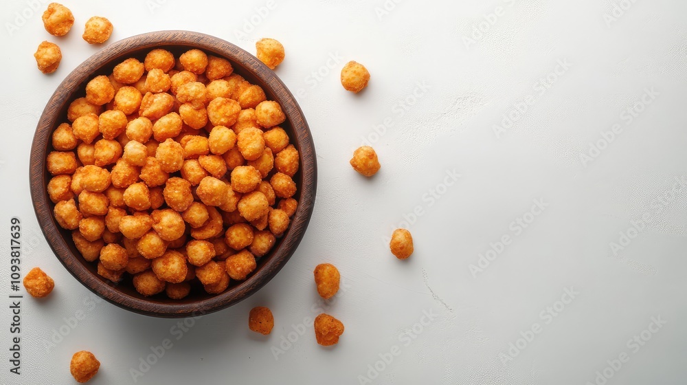 Fototapeta premium Crispy Orange Snack Balls in a Wooden Bowl on a Light Background with scattered snacks creating a vibrant, appetizing display for food photography