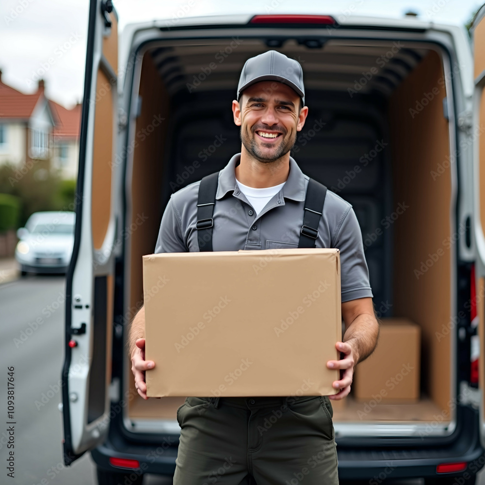 Photo, 8k resolution, a delivery driver standing by the back of a van, lifting a cardboard box from a stack. A suburban street with houses and parked cars is blurred in the background Photo, 8k resolution, a delivery driver standing by the back of a van, lifting a cardboard box from a stack. A suburban street with houses and parked cars is blurred in the background