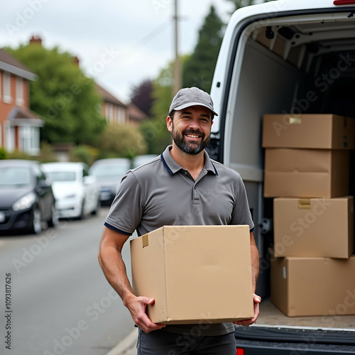 Photo, 8k resolution, a delivery driver standing by the back of a van, lifting a cardboard box from a stack. A suburban street with houses and parked cars is blurred in the background