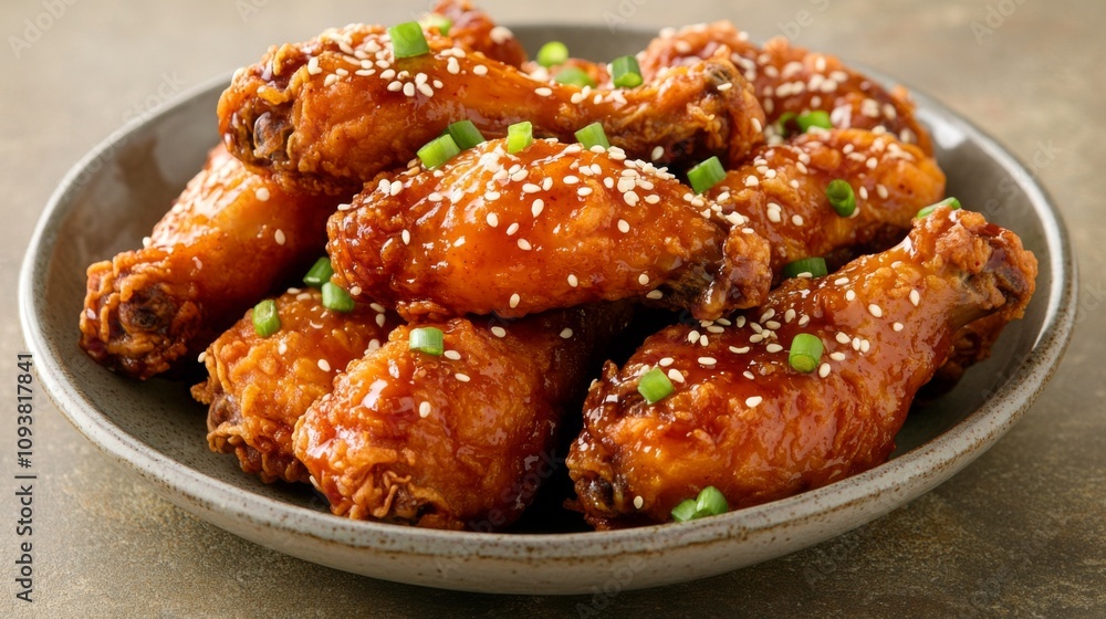 Crispy and Glazed Chicken Wings Garnished with Green Onions and Sesame Seeds on a Rustic Plate Perfect for Delicious Recipes and Appetizers Crispy and Glazed Chicken Wings Garnished with Green Onions and Sesame Seeds on a Rustic Plate Perfect for Delicious Recipes and Appetizers