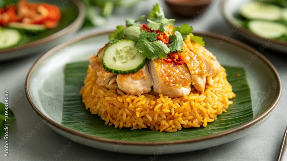 Delicious Plate of Aromatic Yellow Rice Topped with Tender Slices of Chicken, Fresh Vegetables, and Herbs Garnished on a Decorative Serving Plate Delicious Plate of Aromatic Yellow Rice Topped with Tender Slices of Chicken, Fresh Vegetables, and Herbs Garnished on a Decorative Serving Plate
