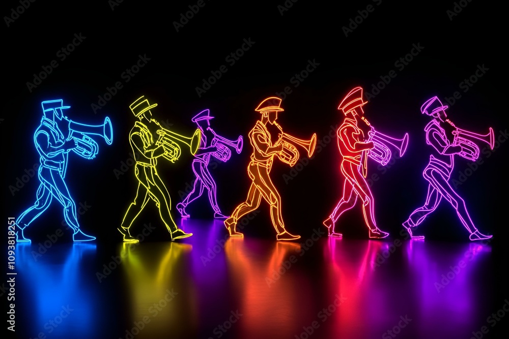 Vibrant neon silhouette of a marching band in a festive parade isolated on black background. Vibrant neon silhouette of a marching band in a festive parade isolated on black background.
