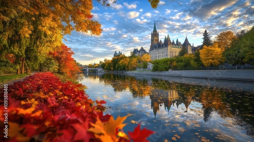 Vibrant Autumn Scene with Colorful Foliage Reflected in Calm Water near Historic Building Under Dramatic Sky at Sunset in Scenic Landscape