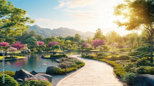 Serene Spring Landscape in a Vibrant Garden with Blooming Flowers, Lush Greenery, Calm Water, and Distant Mountain Range under Bright Blue Sky