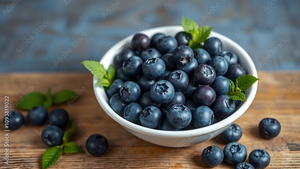 A bowl of fresh blueberries garnished with mint. A bowl of fresh blueberries garnished with mint.
